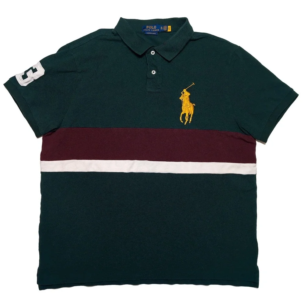 POLO RALPH LAUREN Big Pony Shirt Green Red Striped XL Custom Fit